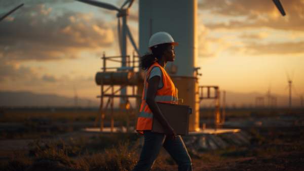 Ingeniera afrodescendiente caminando en parque eólico al atardecer — subastas UPME contrato PPA largo plazo