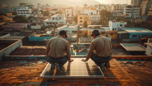 Instaladores colombianos ajustando panel solar en azotea — Ley 2099 deducción renta transición energética