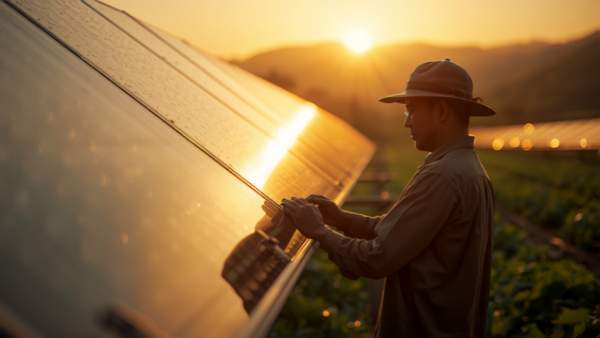 Agricultor colombiano con riego solar al amanecer — Taxonomía Verde finanzas sostenibles Colombia